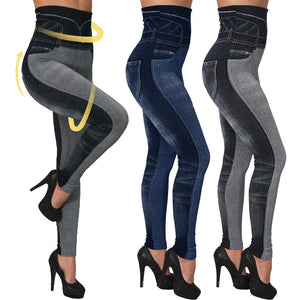 High Waist Imitation Jean Leggings Slim Elastic Seamless Plus Size 3XL Skinny Pencil Pant Female Pocket Workout Running Leggings