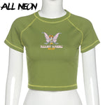 Load image into Gallery viewer, ALLNeon E-girl Butterfly Graphic and Letter Printing Stitch Green Crop Tops Y2K Summer Grunge Style O-neck Short Sleeve T-shirts
