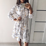 Load image into Gallery viewer, 2020 Autumn Women Dress For Female Long Sleeve Chiffon Shirt Dress A-line Midi Winter Dress White Bow Floral Vestidos Vintage
