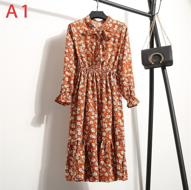 2020 Autumn Women Dress For Female Long Sleeve Chiffon Shirt Dress A-line Midi Winter Dress White Bow Floral Vestidos Vintage