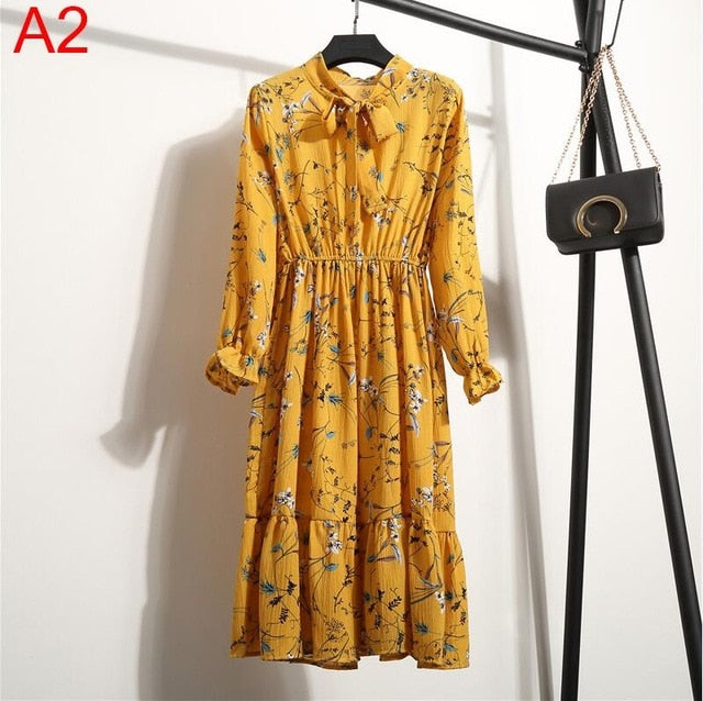 2020 Autumn Women Dress For Female Long Sleeve Chiffon Shirt Dress A-line Midi Winter Dress White Bow Floral Vestidos Vintage