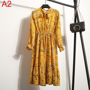2020 Autumn Women Dress For Female Long Sleeve Chiffon Shirt Dress A-line Midi Winter Dress White Bow Floral Vestidos Vintage