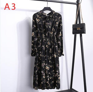 2020 Autumn Women Dress For Female Long Sleeve Chiffon Shirt Dress A-line Midi Winter Dress White Bow Floral Vestidos Vintage