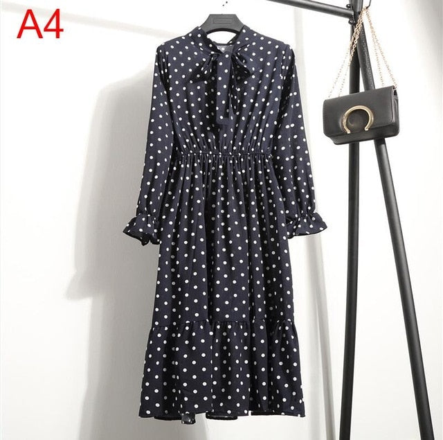 2020 Autumn Women Dress For Female Long Sleeve Chiffon Shirt Dress A-line Midi Winter Dress White Bow Floral Vestidos Vintage