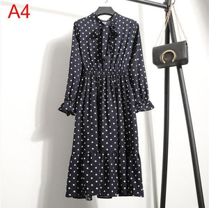2020 Autumn Women Dress For Female Long Sleeve Chiffon Shirt Dress A-line Midi Winter Dress White Bow Floral Vestidos Vintage