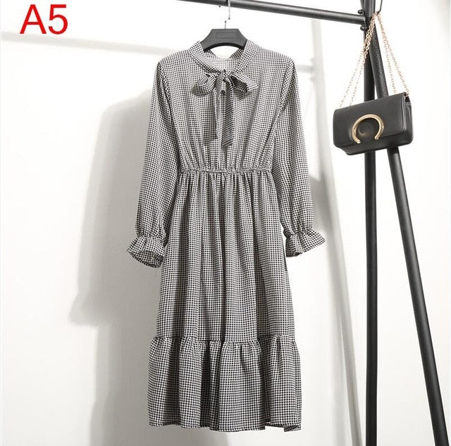 2020 Autumn Women Dress For Female Long Sleeve Chiffon Shirt Dress A-line Midi Winter Dress White Bow Floral Vestidos Vintage