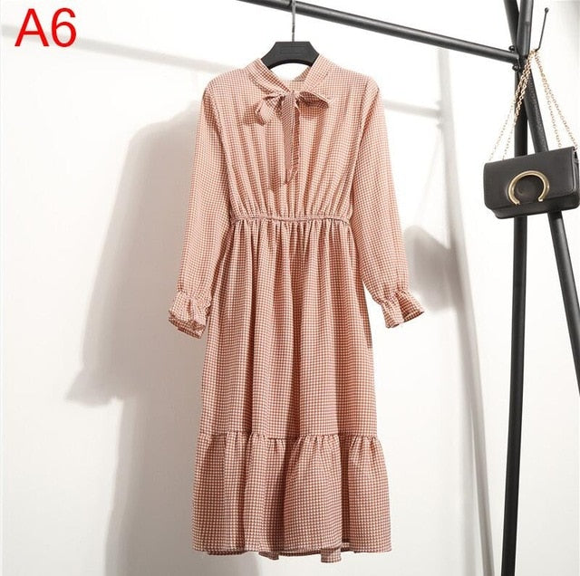 2020 Autumn Women Dress For Female Long Sleeve Chiffon Shirt Dress A-line Midi Winter Dress White Bow Floral Vestidos Vintage