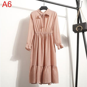 2020 Autumn Women Dress For Female Long Sleeve Chiffon Shirt Dress A-line Midi Winter Dress White Bow Floral Vestidos Vintage