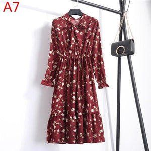 2020 Autumn Women Dress For Female Long Sleeve Chiffon Shirt Dress A-line Midi Winter Dress White Bow Floral Vestidos Vintage