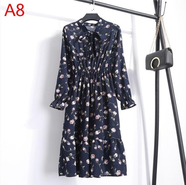 2020 Autumn Women Dress For Female Long Sleeve Chiffon Shirt Dress A-line Midi Winter Dress White Bow Floral Vestidos Vintage