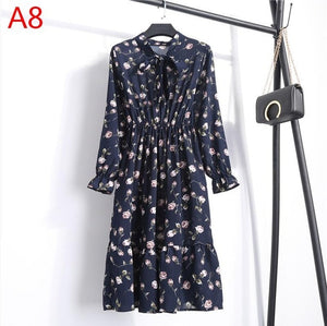 2020 Autumn Women Dress For Female Long Sleeve Chiffon Shirt Dress A-line Midi Winter Dress White Bow Floral Vestidos Vintage