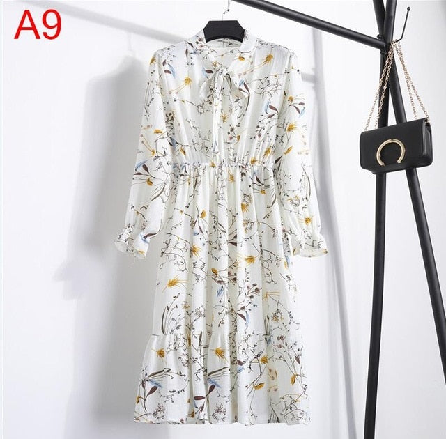2020 Autumn Women Dress For Female Long Sleeve Chiffon Shirt Dress A-line Midi Winter Dress White Bow Floral Vestidos Vintage