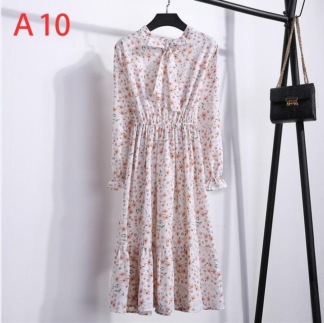 2020 Autumn Women Dress For Female Long Sleeve Chiffon Shirt Dress A-line Midi Winter Dress White Bow Floral Vestidos Vintage