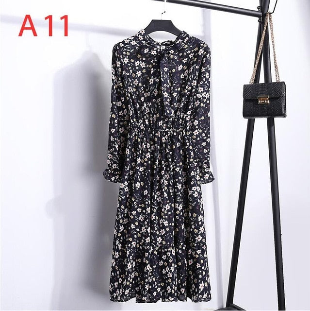 2020 Autumn Women Dress For Female Long Sleeve Chiffon Shirt Dress A-line Midi Winter Dress White Bow Floral Vestidos Vintage