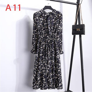 2020 Autumn Women Dress For Female Long Sleeve Chiffon Shirt Dress A-line Midi Winter Dress White Bow Floral Vestidos Vintage