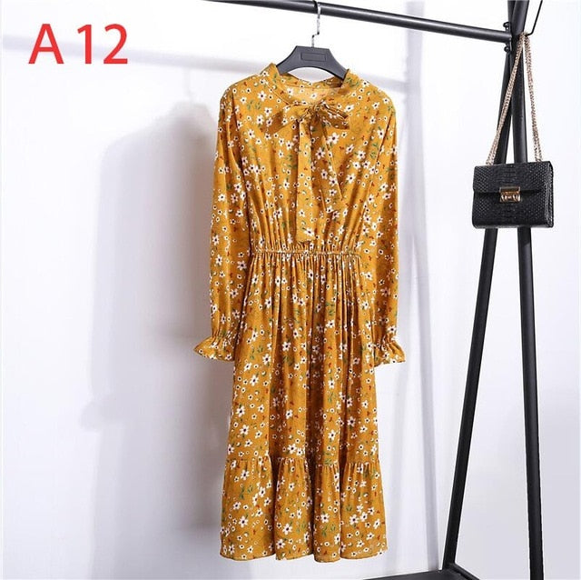 2020 Autumn Women Dress For Female Long Sleeve Chiffon Shirt Dress A-line Midi Winter Dress White Bow Floral Vestidos Vintage