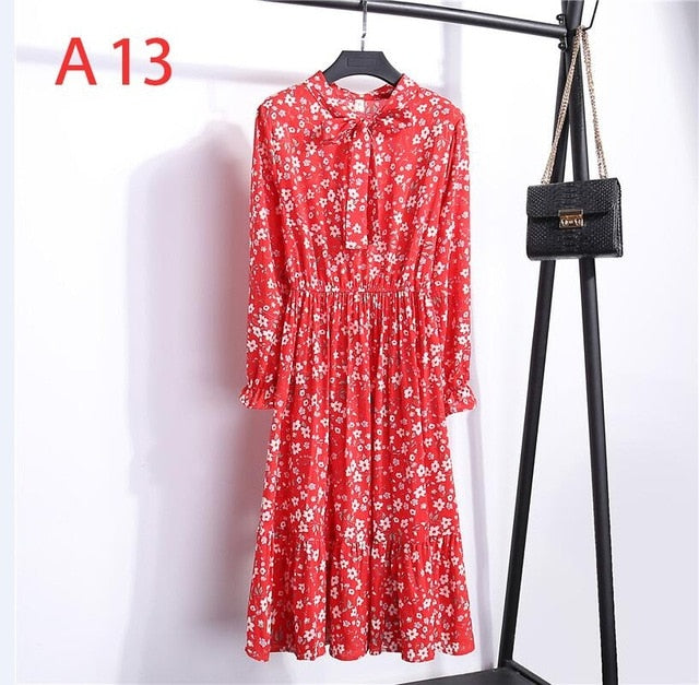 2020 Autumn Women Dress For Female Long Sleeve Chiffon Shirt Dress A-line Midi Winter Dress White Bow Floral Vestidos Vintage