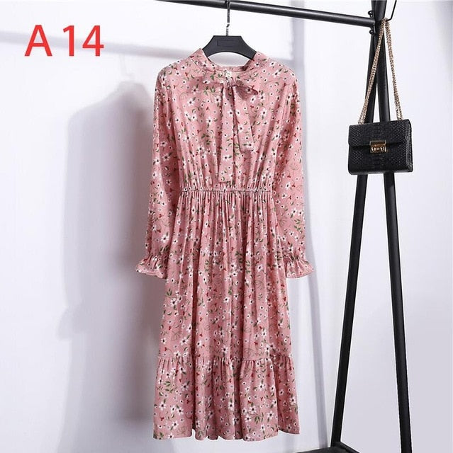 2020 Autumn Women Dress For Female Long Sleeve Chiffon Shirt Dress A-line Midi Winter Dress White Bow Floral Vestidos Vintage