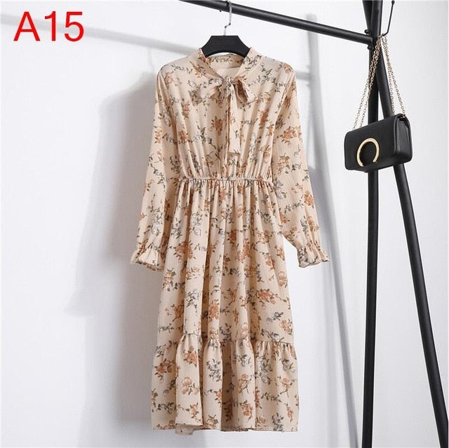 2020 Autumn Women Dress For Female Long Sleeve Chiffon Shirt Dress A-line Midi Winter Dress White Bow Floral Vestidos Vintage