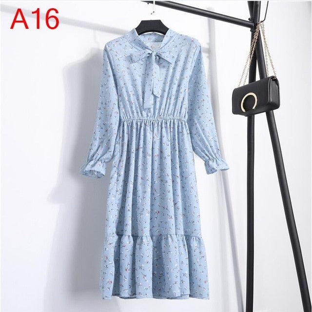 2020 Autumn Women Dress For Female Long Sleeve Chiffon Shirt Dress A-line Midi Winter Dress White Bow Floral Vestidos Vintage