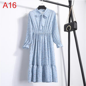 2020 Autumn Women Dress For Female Long Sleeve Chiffon Shirt Dress A-line Midi Winter Dress White Bow Floral Vestidos Vintage