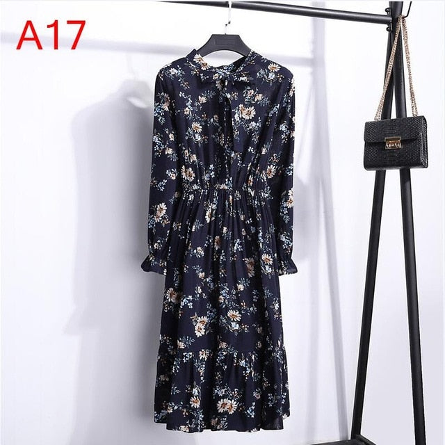 2020 Autumn Women Dress For Female Long Sleeve Chiffon Shirt Dress A-line Midi Winter Dress White Bow Floral Vestidos Vintage