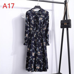 2020 Autumn Women Dress For Female Long Sleeve Chiffon Shirt Dress A-line Midi Winter Dress White Bow Floral Vestidos Vintage