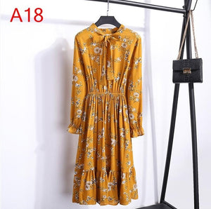 2020 Autumn Women Dress For Female Long Sleeve Chiffon Shirt Dress A-line Midi Winter Dress White Bow Floral Vestidos Vintage