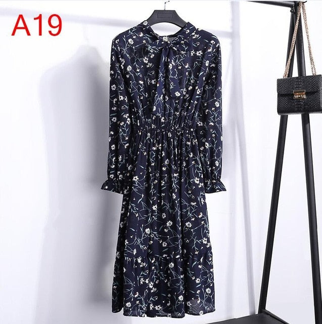 2020 Autumn Women Dress For Female Long Sleeve Chiffon Shirt Dress A-line Midi Winter Dress White Bow Floral Vestidos Vintage