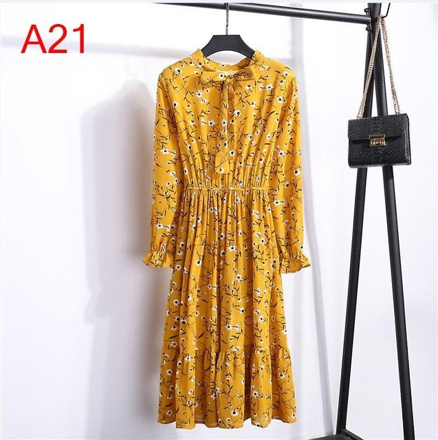 2020 Autumn Women Dress For Female Long Sleeve Chiffon Shirt Dress A-line Midi Winter Dress White Bow Floral Vestidos Vintage