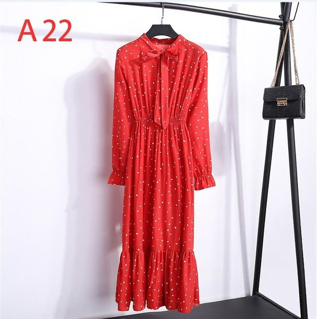 2020 Autumn Women Dress For Female Long Sleeve Chiffon Shirt Dress A-line Midi Winter Dress White Bow Floral Vestidos Vintage
