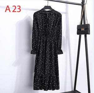 2020 Autumn Women Dress For Female Long Sleeve Chiffon Shirt Dress A-line Midi Winter Dress White Bow Floral Vestidos Vintage