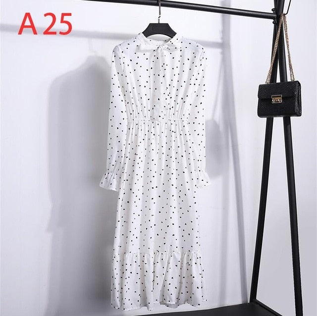 2020 Autumn Women Dress For Female Long Sleeve Chiffon Shirt Dress A-line Midi Winter Dress White Bow Floral Vestidos Vintage