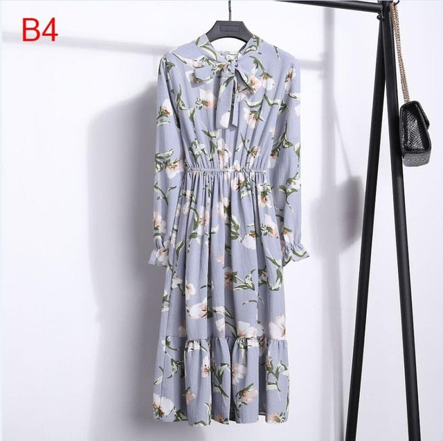 2020 Autumn Women Dress For Female Long Sleeve Chiffon Shirt Dress A-line Midi Winter Dress White Bow Floral Vestidos Vintage