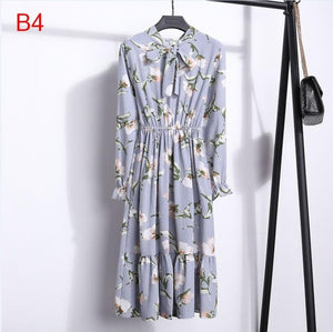 2020 Autumn Women Dress For Female Long Sleeve Chiffon Shirt Dress A-line Midi Winter Dress White Bow Floral Vestidos Vintage