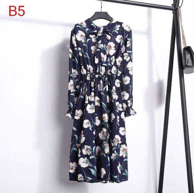 2020 Autumn Women Dress For Female Long Sleeve Chiffon Shirt Dress A-line Midi Winter Dress White Bow Floral Vestidos Vintage