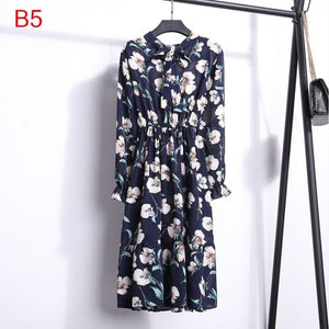 2020 Autumn Women Dress For Female Long Sleeve Chiffon Shirt Dress A-line Midi Winter Dress White Bow Floral Vestidos Vintage
