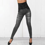 Load image into Gallery viewer, High Waist Imitation Jean Leggings Slim Elastic Seamless Plus Size 3XL Skinny Pencil Pant Female Pocket Workout Running Leggings
