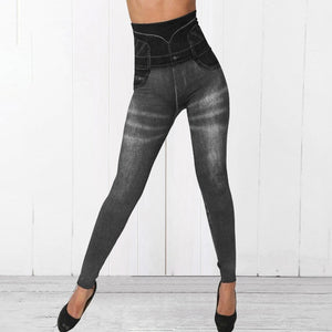High Waist Imitation Jean Leggings Slim Elastic Seamless Plus Size 3XL Skinny Pencil Pant Female Pocket Workout Running Leggings