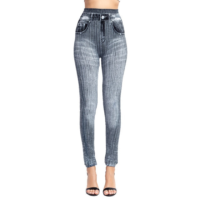 High Waist Imitation Jean Leggings Slim Elastic Seamless Plus Size 3XL Skinny Pencil Pant Female Pocket Workout Running Leggings