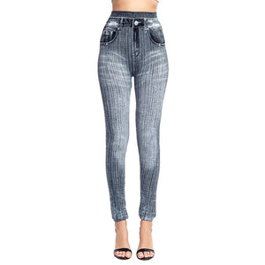 High Waist Imitation Jean Leggings Slim Elastic Seamless Plus Size 3XL Skinny Pencil Pant Female Pocket Workout Running Leggings