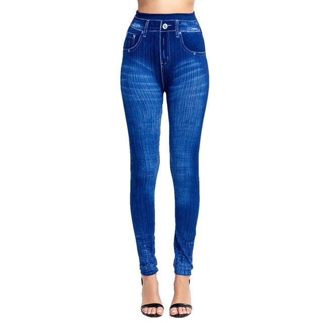 High Waist Imitation Jean Leggings Slim Elastic Seamless Plus Size 3XL Skinny Pencil Pant Female Pocket Workout Running Leggings