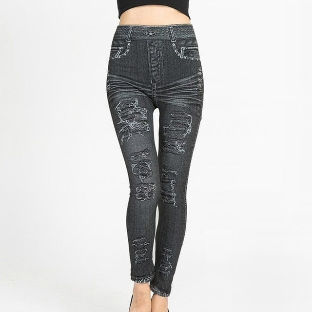 High Waist Imitation Jean Leggings Slim Elastic Seamless Plus Size 3XL Skinny Pencil Pant Female Pocket Workout Running Leggings