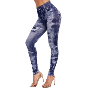 High Waist Imitation Jean Leggings Slim Elastic Seamless Plus Size 3XL Skinny Pencil Pant Female Pocket Workout Running Leggings