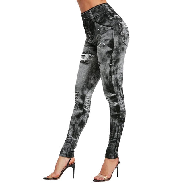 High Waist Imitation Jean Leggings Slim Elastic Seamless Plus Size 3XL Skinny Pencil Pant Female Pocket Workout Running Leggings