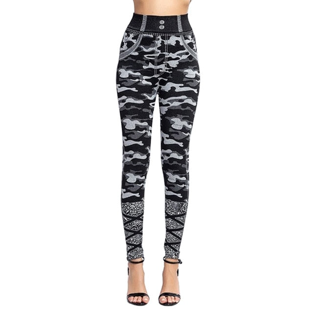 High Waist Imitation Jean Leggings Slim Elastic Seamless Plus Size 3XL Skinny Pencil Pant Female Pocket Workout Running Leggings
