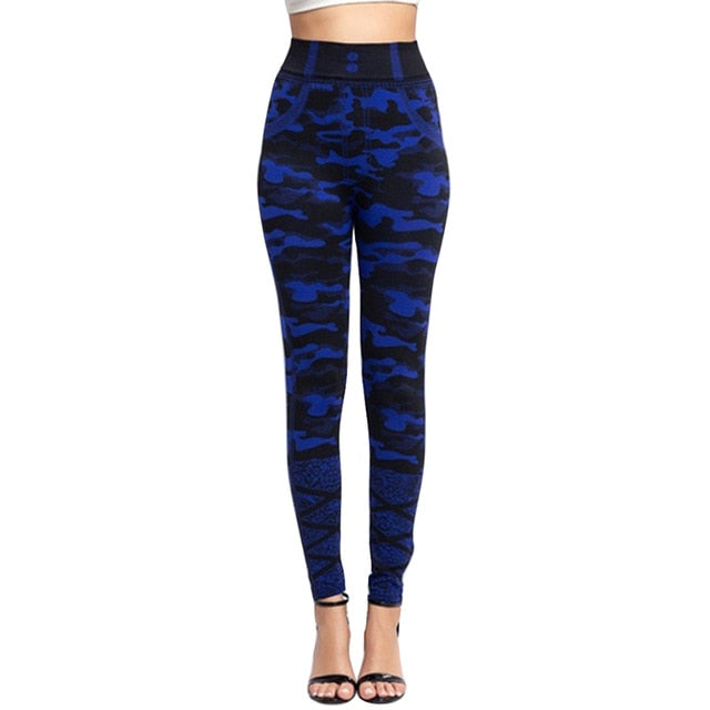 High Waist Imitation Jean Leggings Slim Elastic Seamless Plus Size 3XL Skinny Pencil Pant Female Pocket Workout Running Leggings