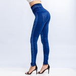 Load image into Gallery viewer, High Waist Imitation Jean Leggings Slim Elastic Seamless Plus Size 3XL Skinny Pencil Pant Female Pocket Workout Running Leggings
