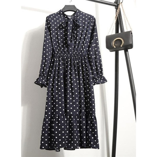 Women Casual Autumn Dress Lady Korean Style Vintage Floral Printed Chiffon Shirt Dress Long Sleeve Bow Midi Summer Dress Vestido