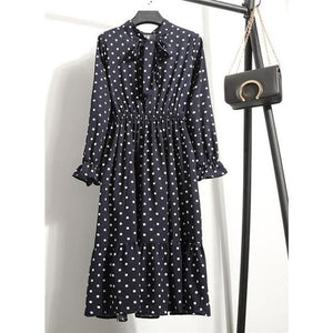 Women Casual Autumn Dress Lady Korean Style Vintage Floral Printed Chiffon Shirt Dress Long Sleeve Bow Midi Summer Dress Vestido